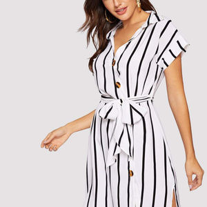 Striped Belted Shirt Dress Mini T Shirt Collared